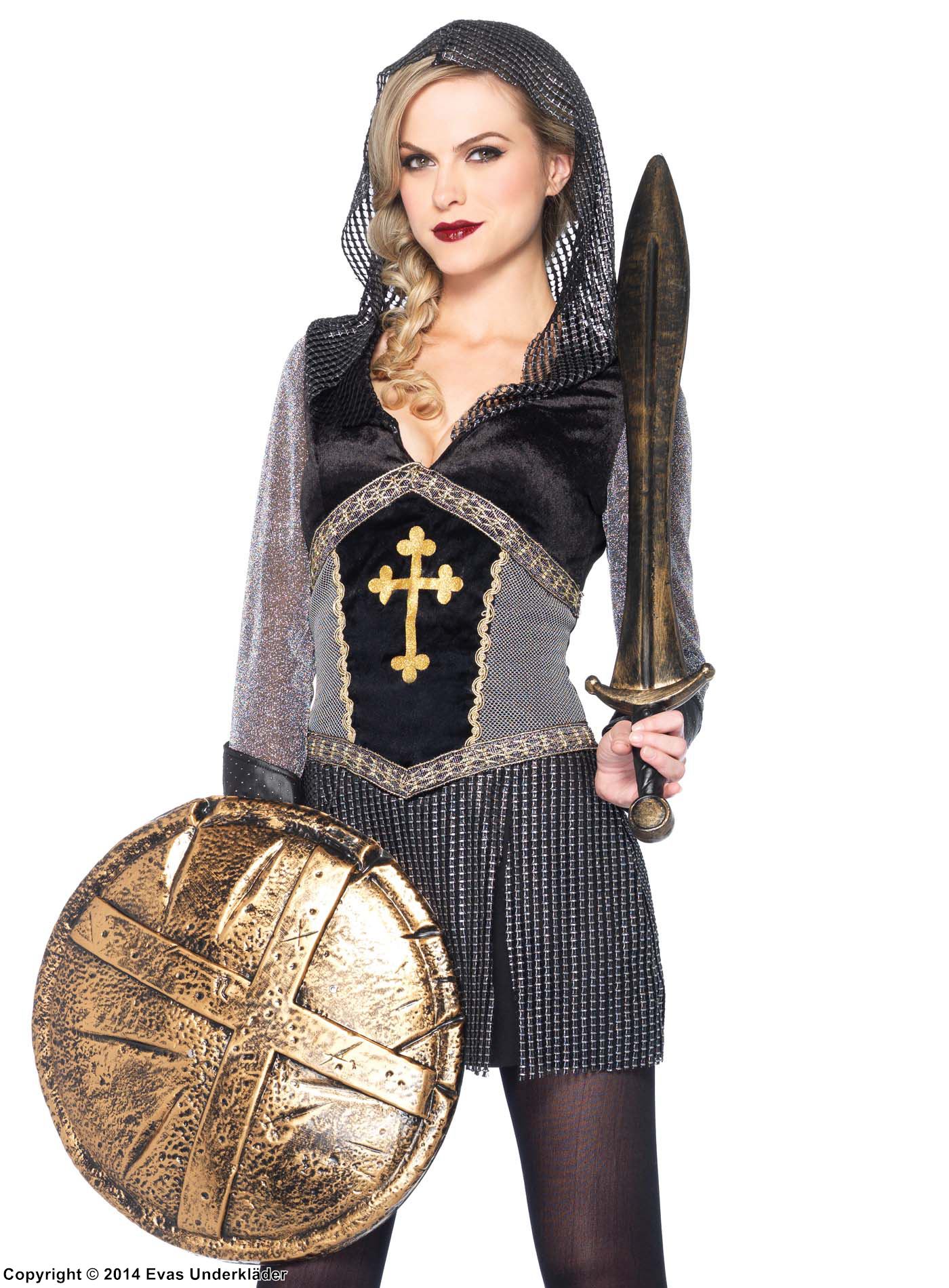 Female knight Joan of Arc, costume dress, faux leather, hood, cross